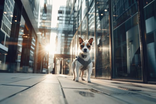 A dog is walking on a sidewalk of a modern building, Dog in modern city, Generative AI.