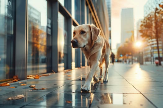 A dog is walking on a sidewalk of a modern building, Dog in modern city, Generative AI.