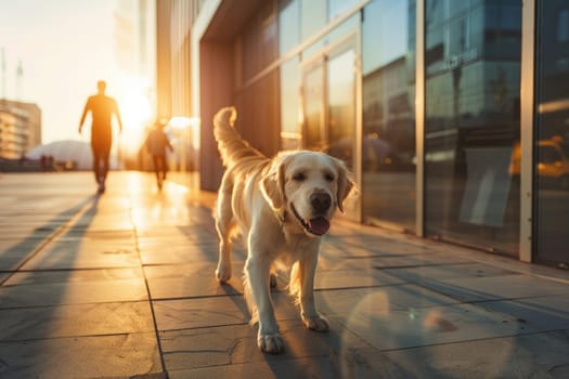 A dog is walking on a sidewalk of a modern building, Dog in modern city, Generative AI.