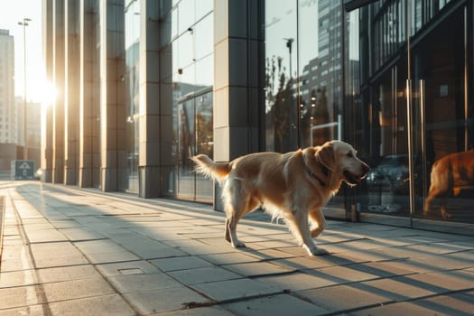 A dog is walking on a sidewalk of a modern building, Dog in modern city, Generative AI.