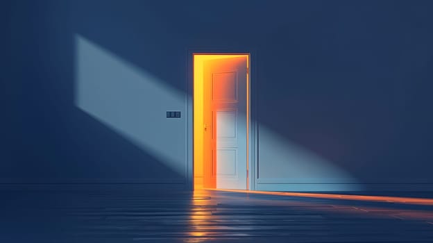 The rectangle door is a portal to a world of liquid light, shining like an electric blue lens flare. Beyond it lies the vast sky, horizon, and a mysterious astronomical object