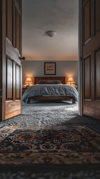 A bedroom in a building with hardwood flooring, featuring a bed frame and a rug in the hallway, designed for comfort and interior design