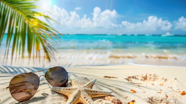 A pair of sunglasses and a starfish are on a beach. The beach is sunny and the water is blue