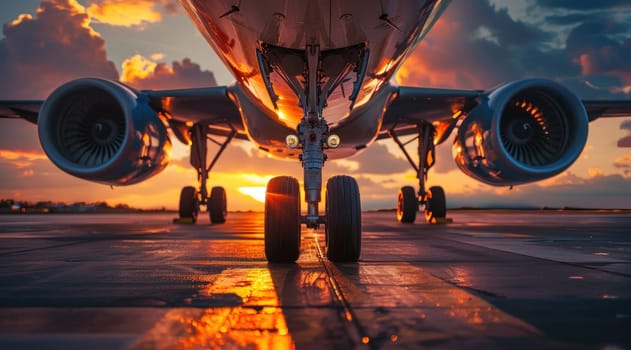 A large jet is on the runway with the sun setting in the background.