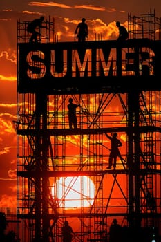 A group of workers are on scaffolding, painting a sign that says Summer. The sun is setting in the background, creating a warm and inviting atmosphere