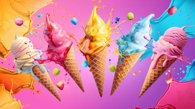 ice cream cones are splattered with colorful paint, creating a fun.