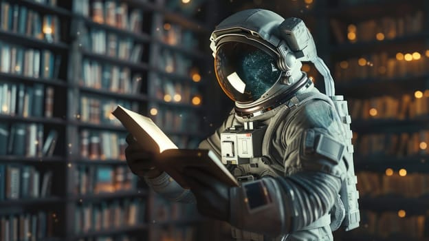 A man in a spacesuit is reading a book in a library.