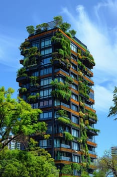 A tall building with a green roof and many trees growing on it.