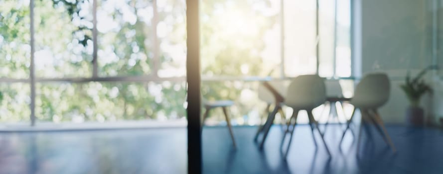 Empty room, chairs and business space for recruitment, interior or opportunity, workplace and company boardroom. Meeting, workspace and support network for employee, support or mental health check.