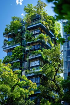 A tall building with a green roof and many trees growing on it.