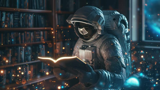 A man in a spacesuit is reading a book in a library.