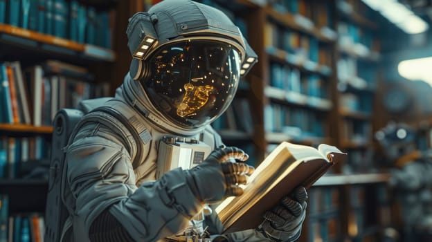 A man in a spacesuit is reading a book in a library.