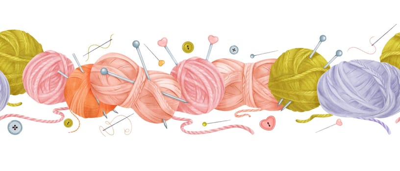 Seamless border featuring wool skeins needles threads buttons cotton flower, knitting needles, and pins. for crafting enthusiasts, knitting websites, or DIY-themed projects. Watercolor illustration