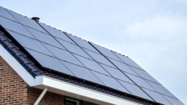 Newly built houses with black solar panels on the roof against a sunny sky, Dutch Suburban area. Zonnepanelen, Zonne energie, Translation: Solar panel, Sun Energy