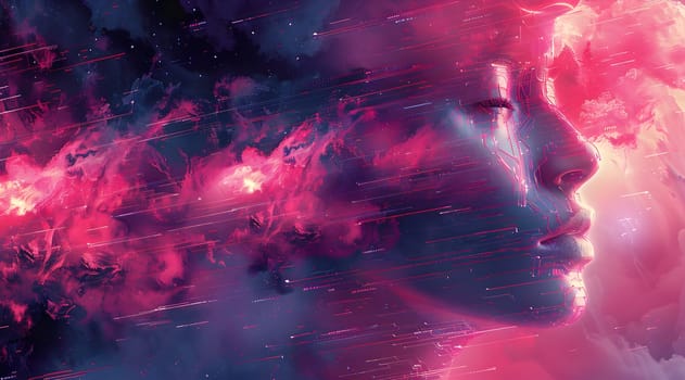 Her face is enshrouded in a haze of magenta and violet clouds, resembling a painting in the sky. The pink gas gives an electric blue glow, creating an astronomical objectlike effect