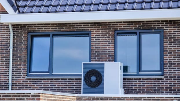 air source heat pump unit installed outdoors at a modern home with bricks in the Netherlands, warmte pomp translation air source heat pump