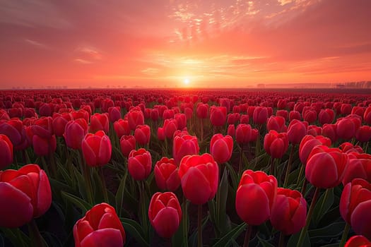 A huge beautiful plantation of red tulips at sunset. Natural background of incredible beauty.