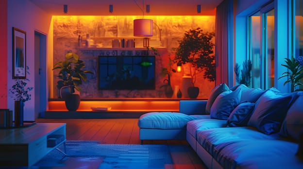 A living room in a house with a cozy couch, television, and colorful lights in shades of electric blue, magenta, and purple for entertainment