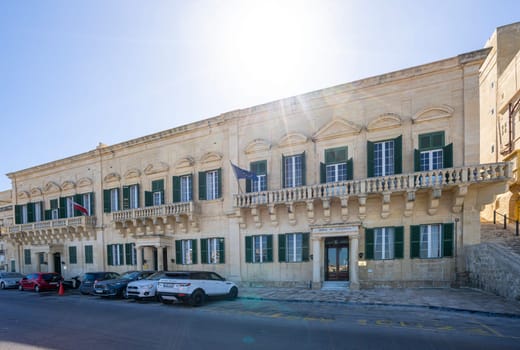 Valletta, Malta, April 03, 2024. External view of the house of Catalunya, headquarters of the Ministry for European funds, social dialogue and  consumer protection building in the city center