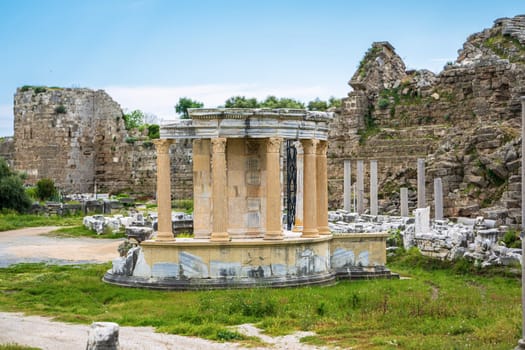 Restored ancient architectural ruins and columns of the ancient city of Side