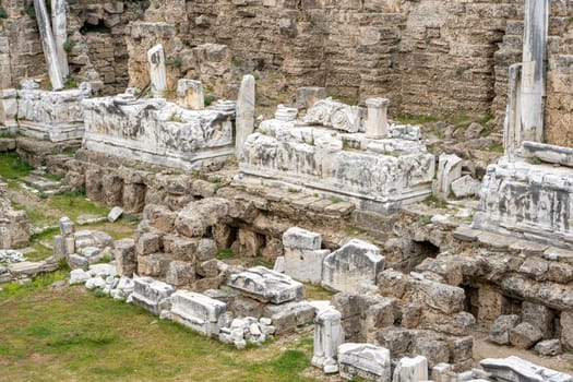 Amphitheatre and ornate marble ruins in the ancient city of Side, Antalya