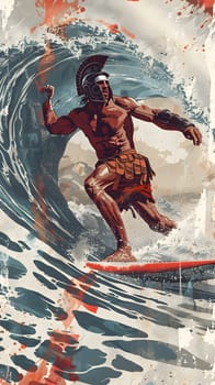 a man in a spartan helmet is riding a wave on a surfboard . High quality