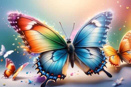 multi-colored bright butterfly in pastel colors .