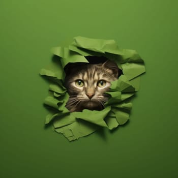 A cat crawled through a hole on a green background. Paper background torn by a pet. Generated AI.