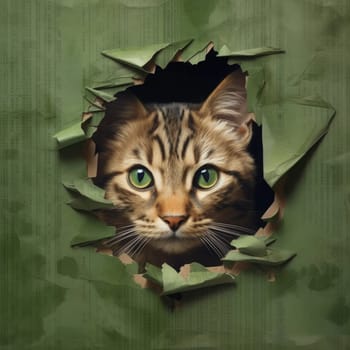 A cat crawled through a hole on a green background. Paper background torn by a pet. Generated AI.
