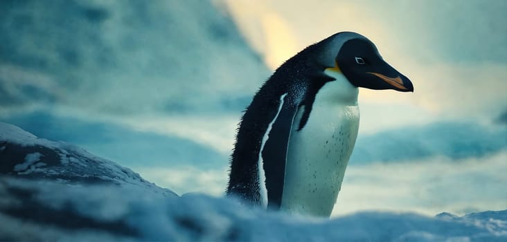 A lonely penguin walks across frozen Antarctica. Generative AI