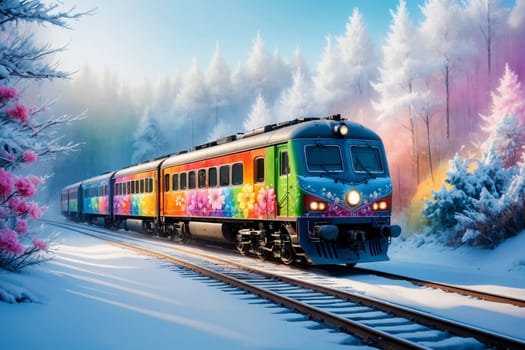 a colorful train with floral painting travels through the forest in winter, in pastel colors .