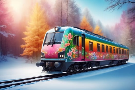 a colorful train with floral painting travels through the forest in winter, in pastel colors .