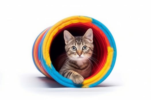 Playing cat in colorful tunnel or tube. Isolated on white background. Generated AI.