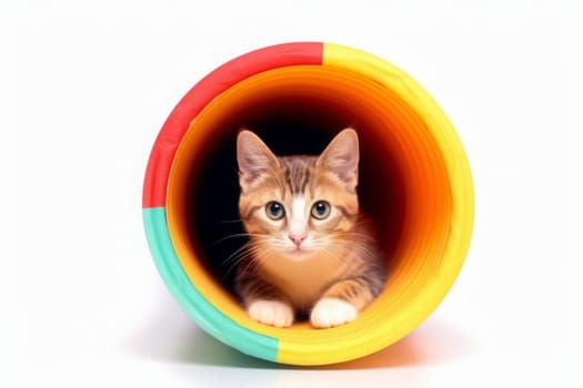 Playing cat in colorful tunnel or tube. Isolated on white background. Generated AI.