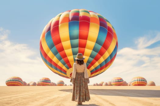 Woman in hat stands on background of balloon. Fabulous landscapes of the air balloons. Generated AI.