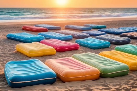 colorful mattresses on the beach near the sea, in pastel colors .