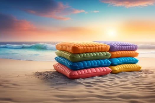 colorful mattresses on the beach near the sea, in pastel colors .