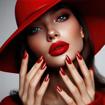 Portrait of a beautiful girl in a red hat with a red manicure. Generative AI. High quality photo