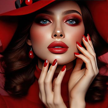 Portrait of a beautiful girl in a red hat with a red manicure. Generative AI. High quality photo