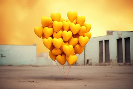 Yellow Heart balloons on urban background. bunch of balls. Generated AI