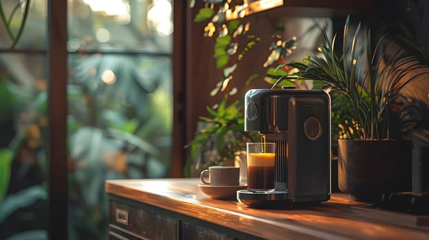 A coffee maker is placed on a hardwood table next to a window, with a houseplant in a flowerpot adding a touch of nature to the buildings interior