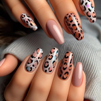 Hands with a beautiful manicure in the style of leopard spots. Generative AI