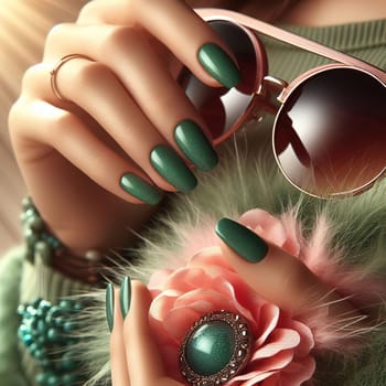 Hands with a beautiful green manicure hold sunglasses. Generative AI. High quality photo
