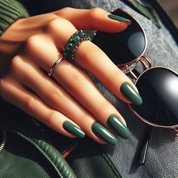 Hands with a beautiful green manicure hold sunglasses. Generative AI. High quality photo