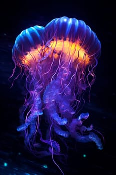 Moon jelly fish swimming in blue color water. Generated AI.