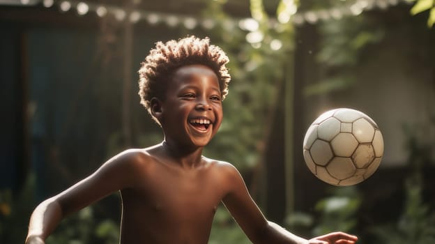 A poor, beggar, talented happy black African boy plays football with a soccer ball his village. Water shortage on Earth due to global warming, drought, famine. Climate change, crisis environment, water crisis. Saving natural resources, planet suffers