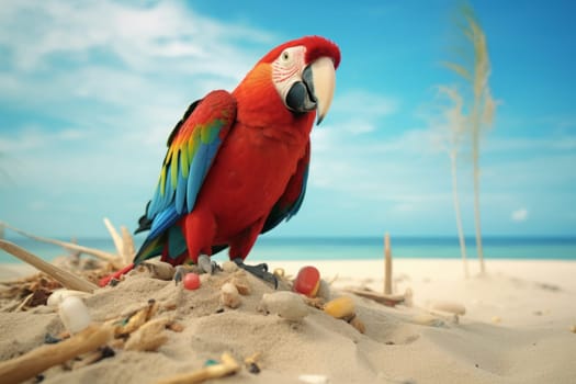 Cute bright colorful parrot on the white sand near sea. Generated AI.