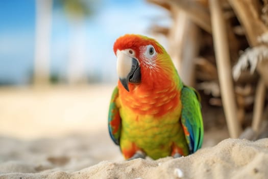 Cute bright colorful parrot on the white sand in the beach. Generated AI.