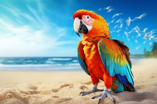 Cute bright colorful parrot on the white sand near sea. Generated AI.