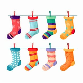 Socks on a rope with colored clothespins. Dry a cotton or wool sock and hang it on a clothesline with clothespins. Generated AI.